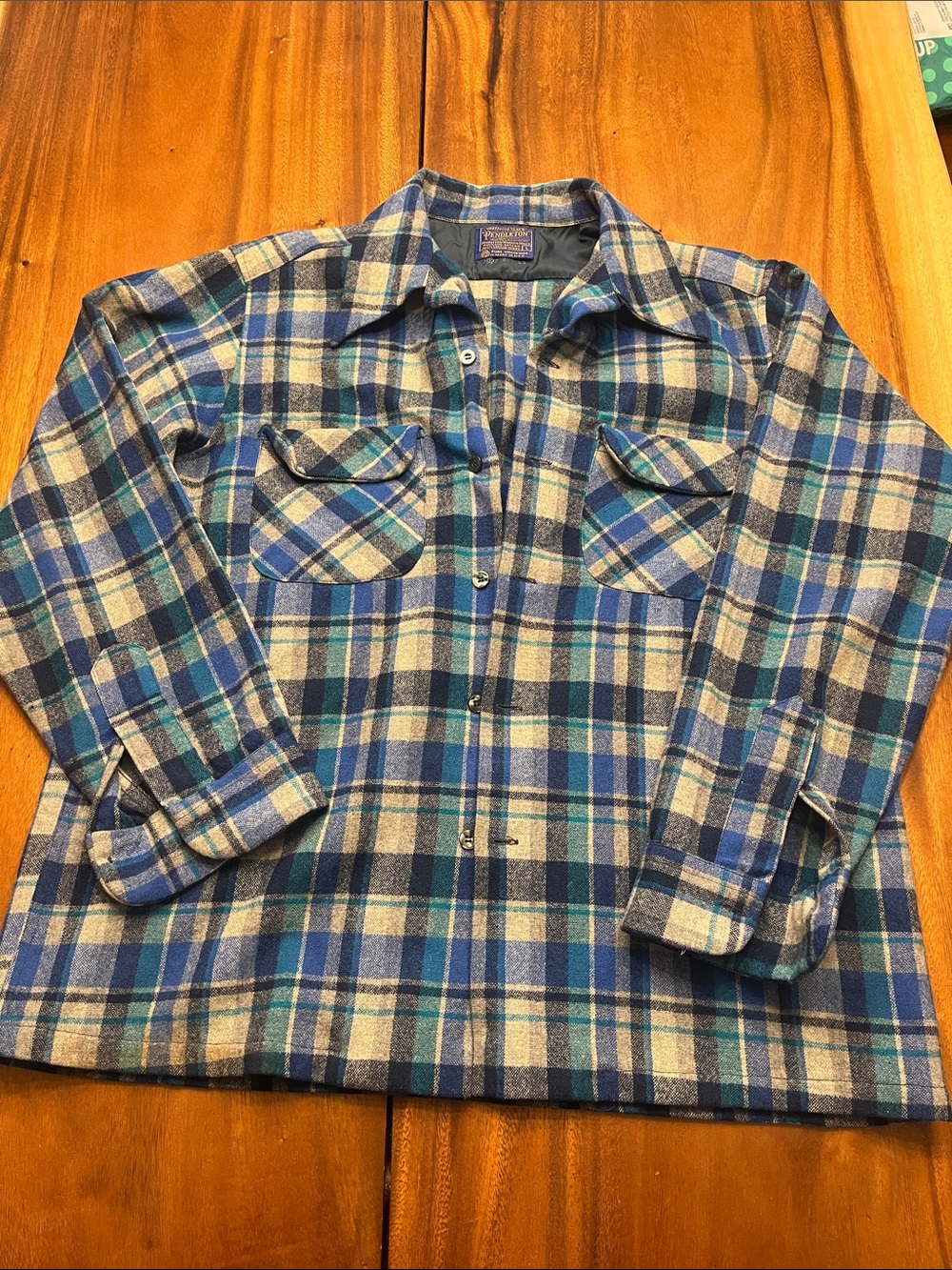 Pendleton Blue Teal and Cream Plaid Wool Shirt Jacket